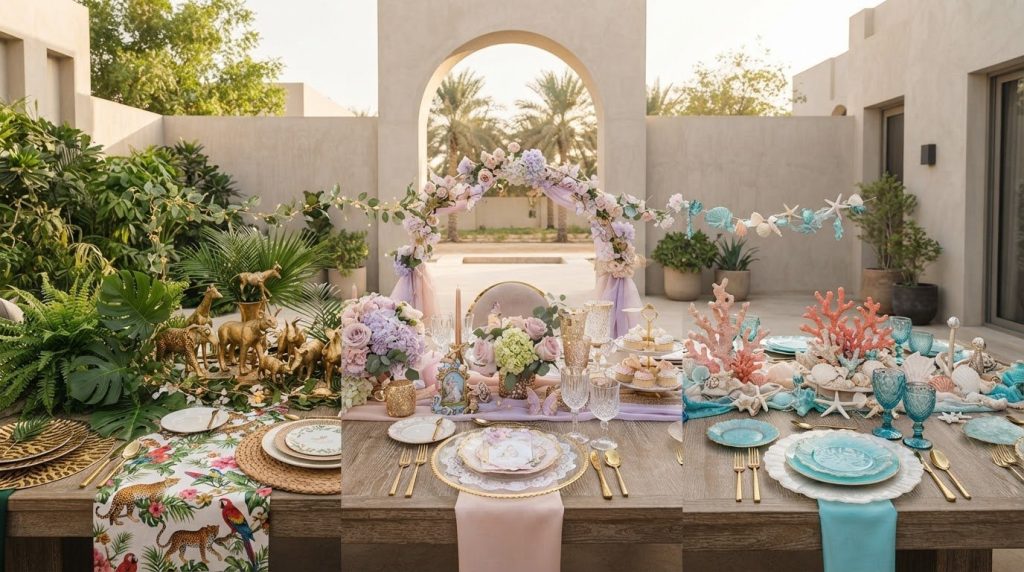 Themed party decorations for jungle, fantasy and ocean parties